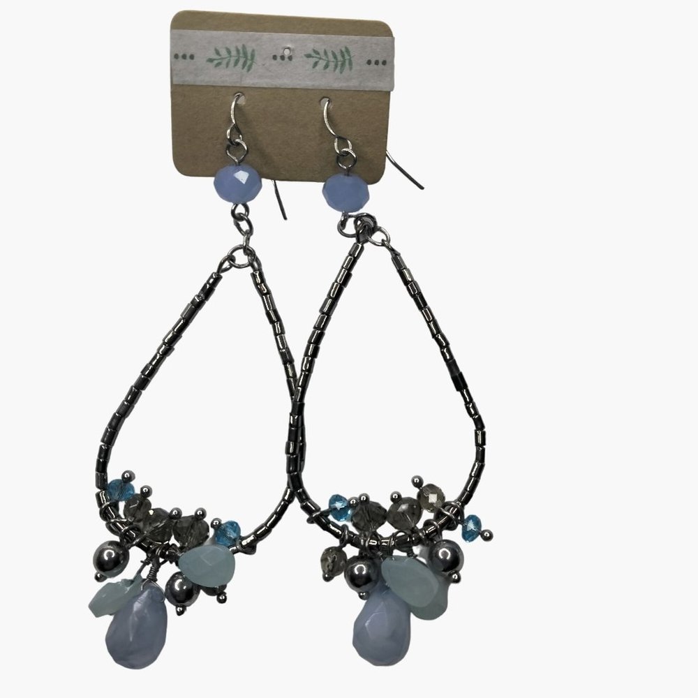 Blue Silver Long Teardrop Earrings Hook Drop Dangle Vintage Artisan Unique USA